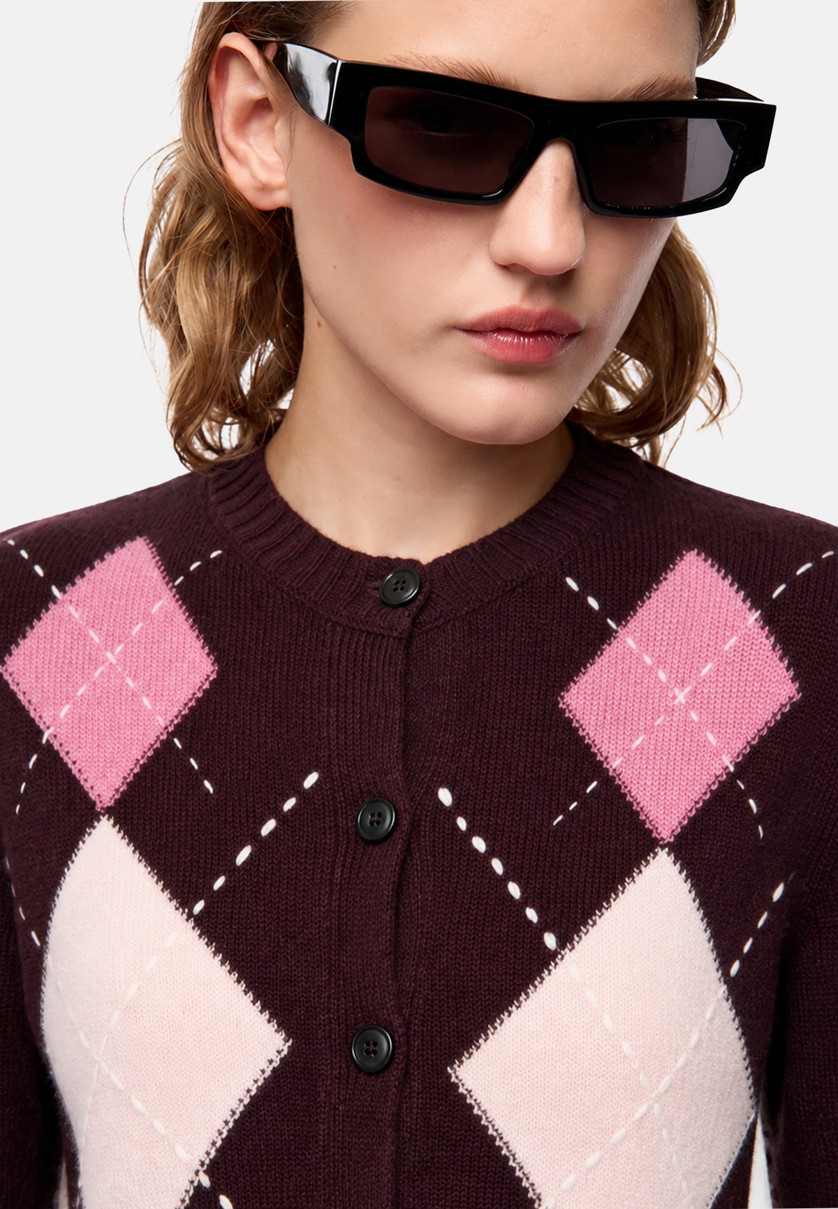 CARDIFF CARDIGAN ARGYLE CON CLOTH STITCH - BORDEAUX/ROSSO