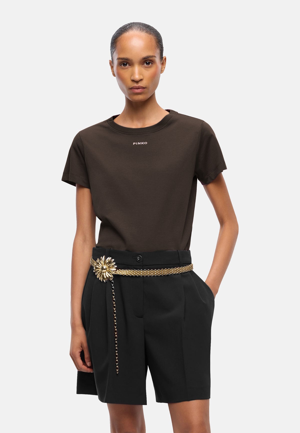 BASICO T-SHIRT JERSEY LOGO PINKO GOMMATO - BROWN