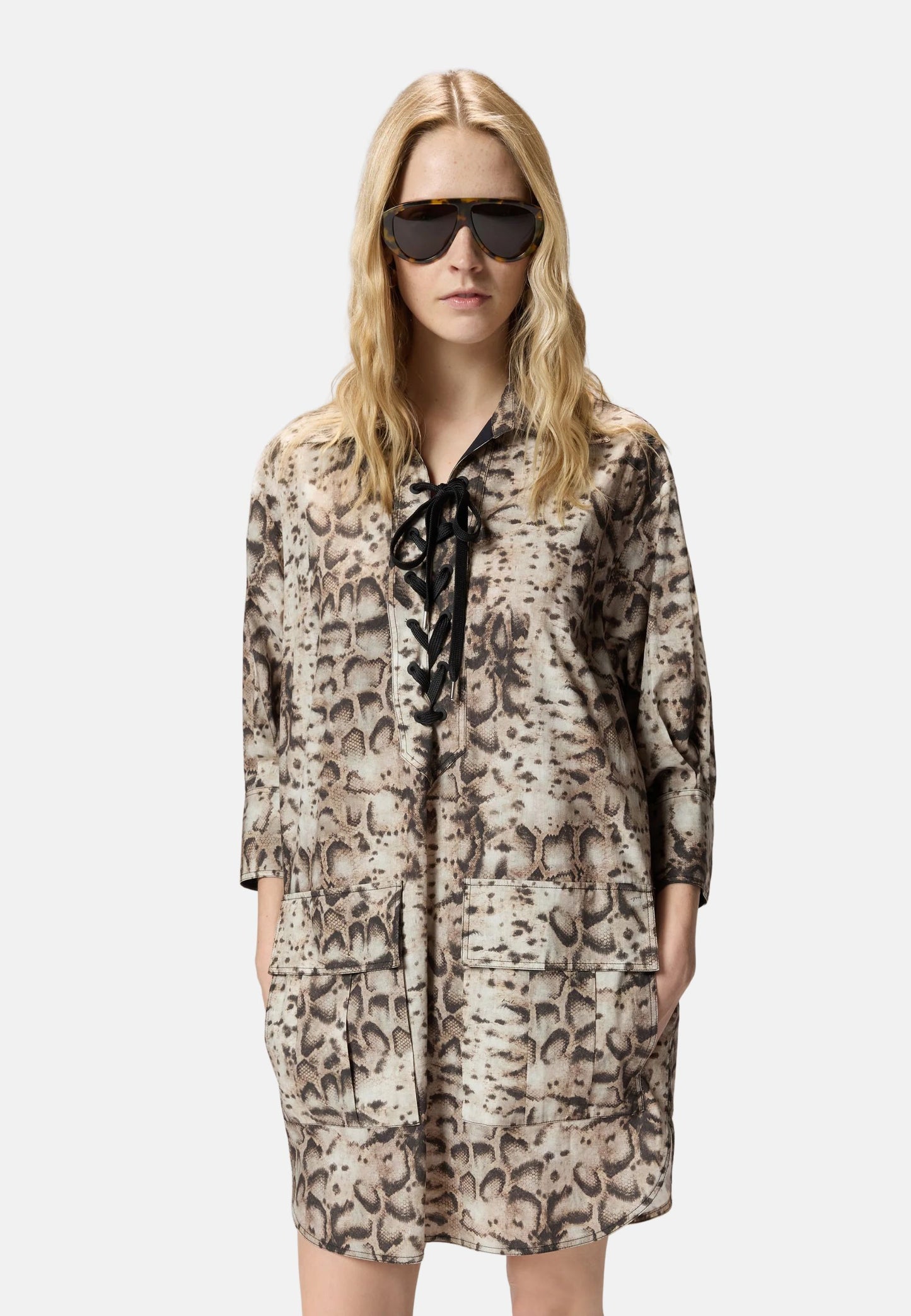 AGRA ABITO POPELINE STAMPA SNAKE - BEIGE/NERO