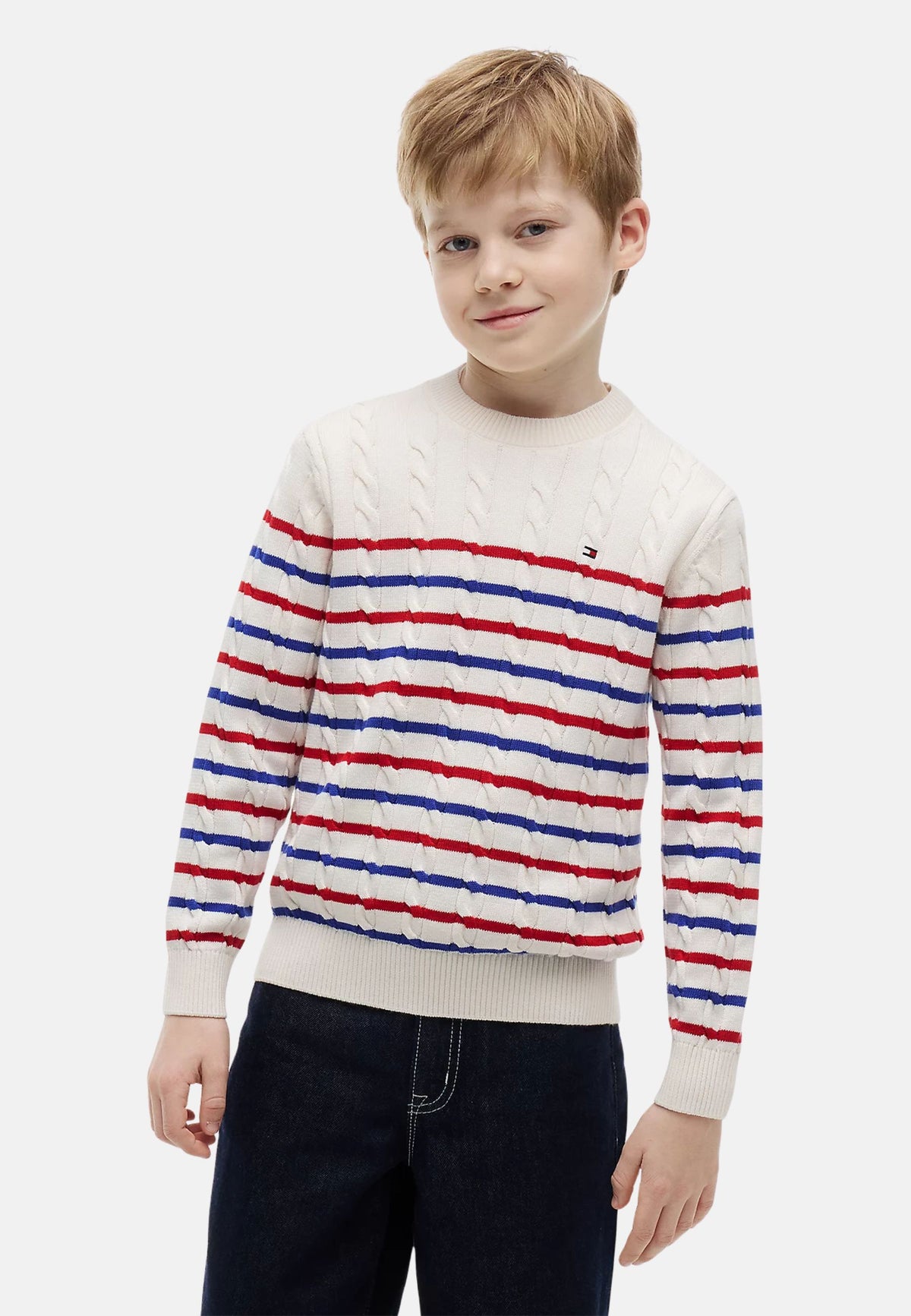 COTTON CABLE SWEATER - IVORY SILK STRITE
