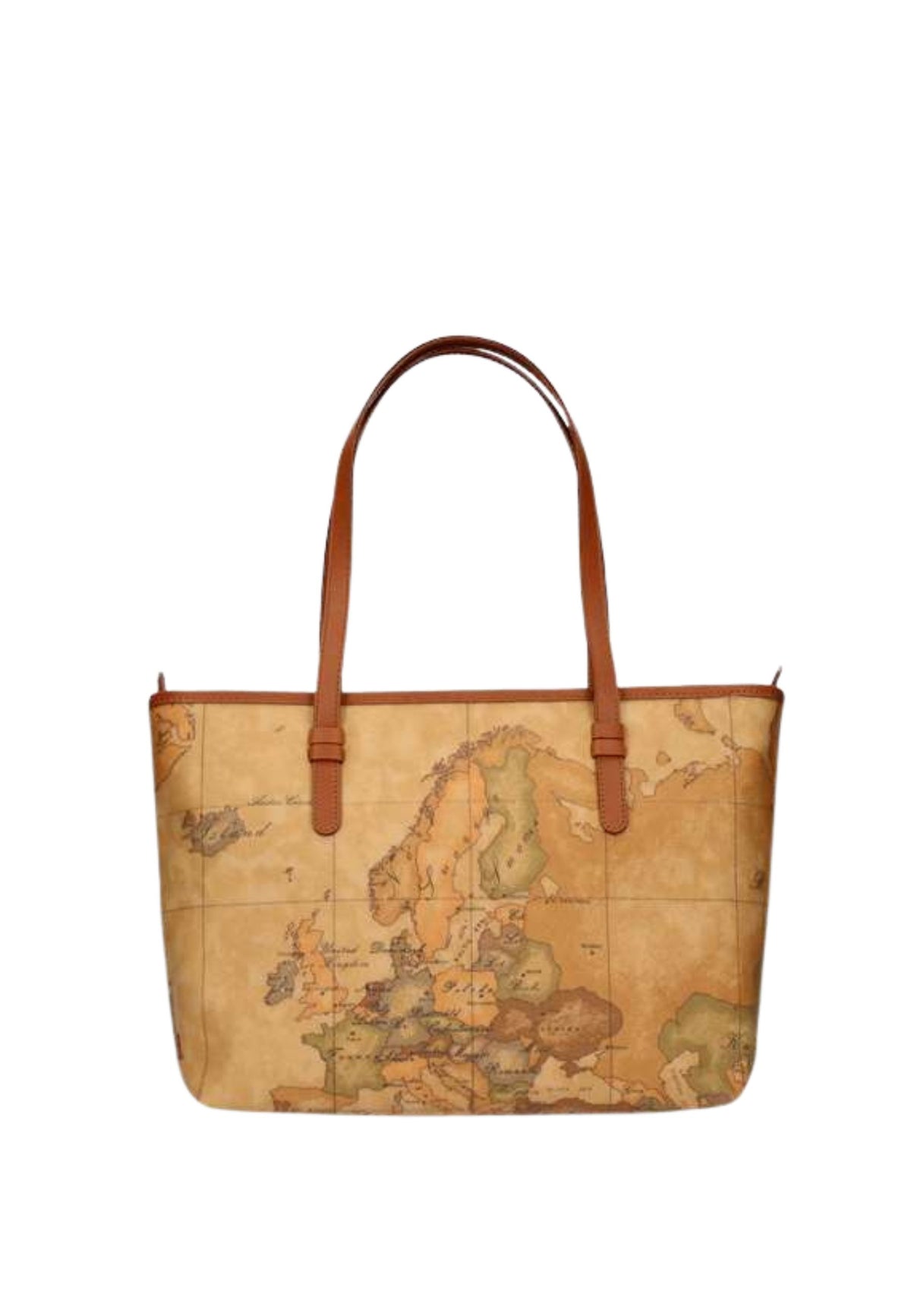SHOPPING MEDIA - Shopping donna realizzata in tessuto stampa Geo con finiture in vera pelle. Interni in tessuto. All'interno tasche per riporre piccoli oggetti. - GEO NATURAL