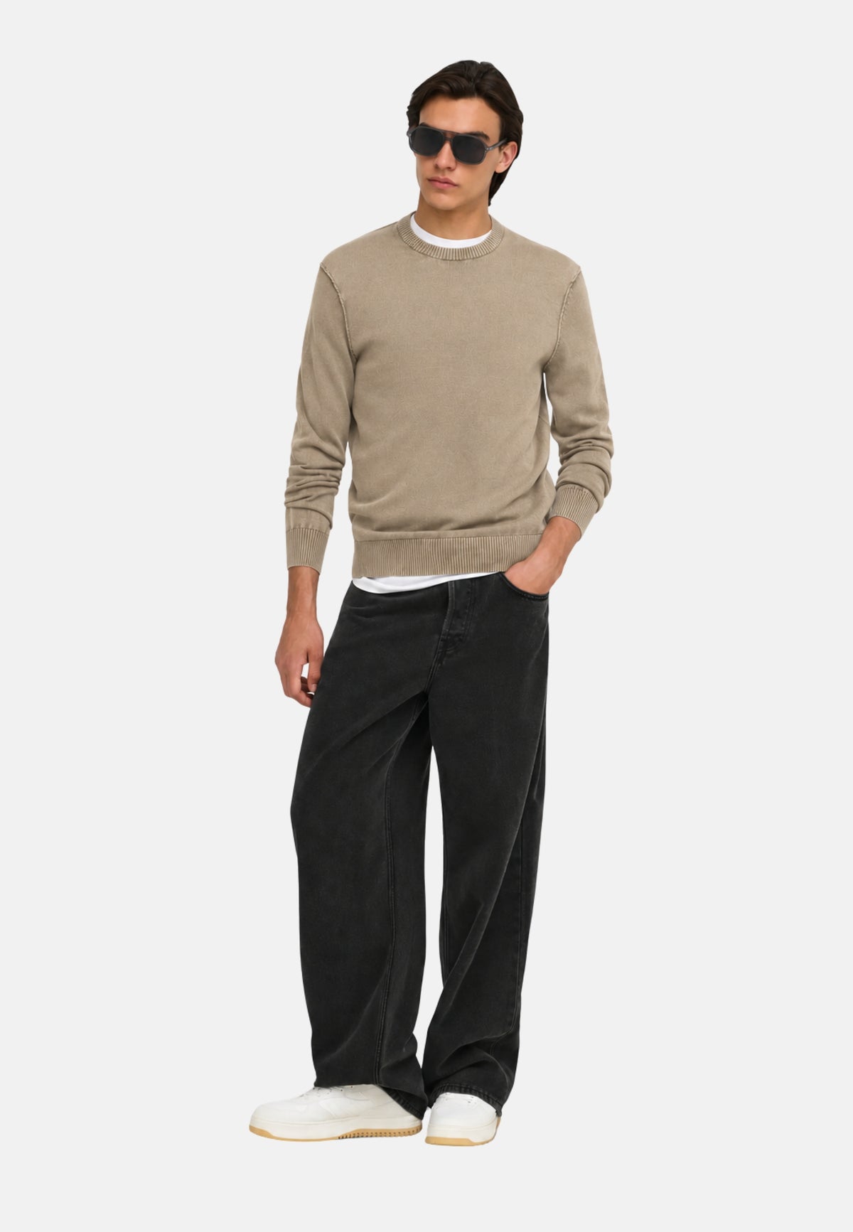 ONSGARSON LS REG WASH CREW KNIT VD - CHINCHILLA