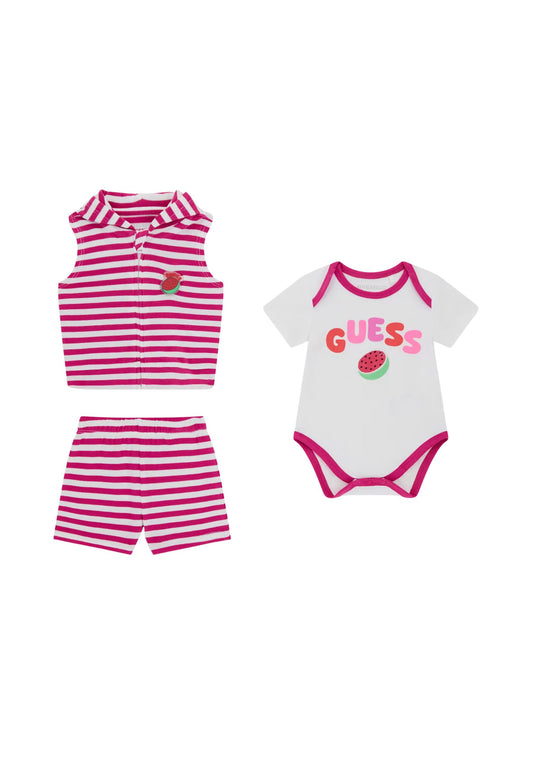 SET HOODED VEST + SS BODY + SHORTS - WHITE / RED STRIPE