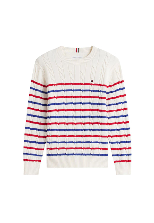 COTTON CABLE SWEATER - IVORY SILK STRITE