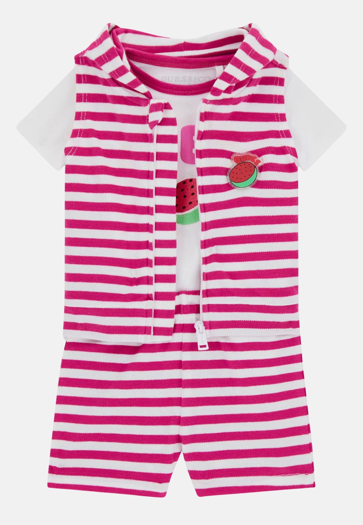 SET HOODED VEST + SS BODY + SHORTS - WHITE / RED STRIPE