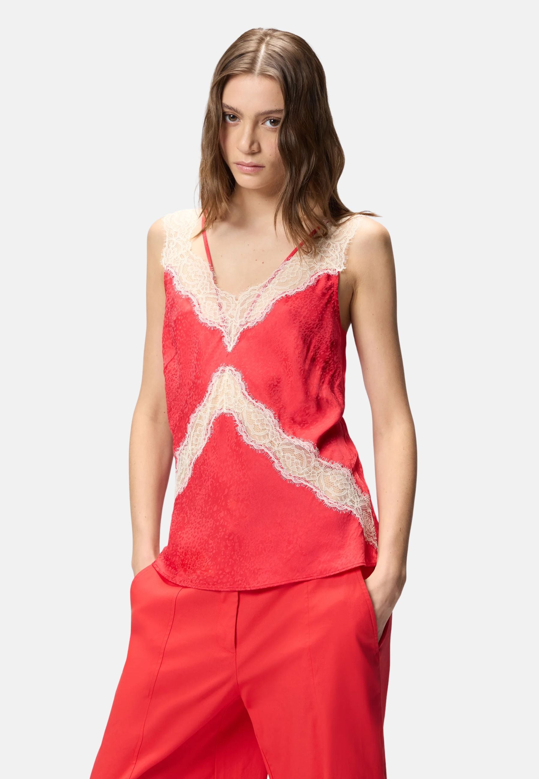 NEW LYDIA TOP SATIN JACQUARTD MACULA CON PIZZO - RED