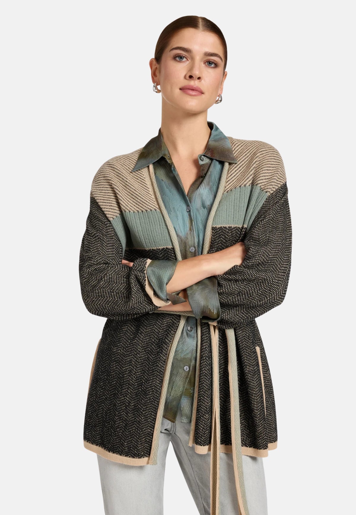 CARDIGAN CON DISEGNI JACQUARD PATCHWORK - MANDORLA/SELCE/NERO