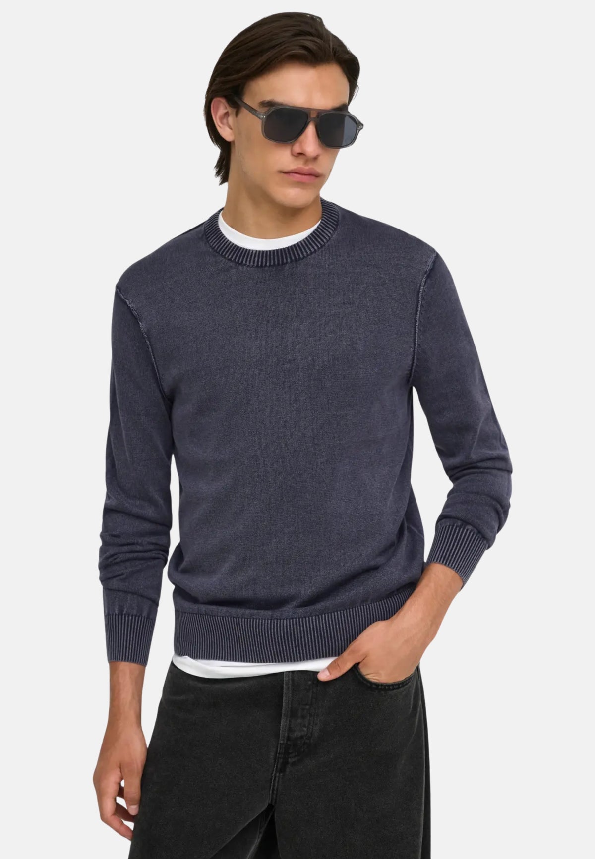 ONSGARSON LS REG WASH CREW KNIT VD - DARK SAPPHIRE