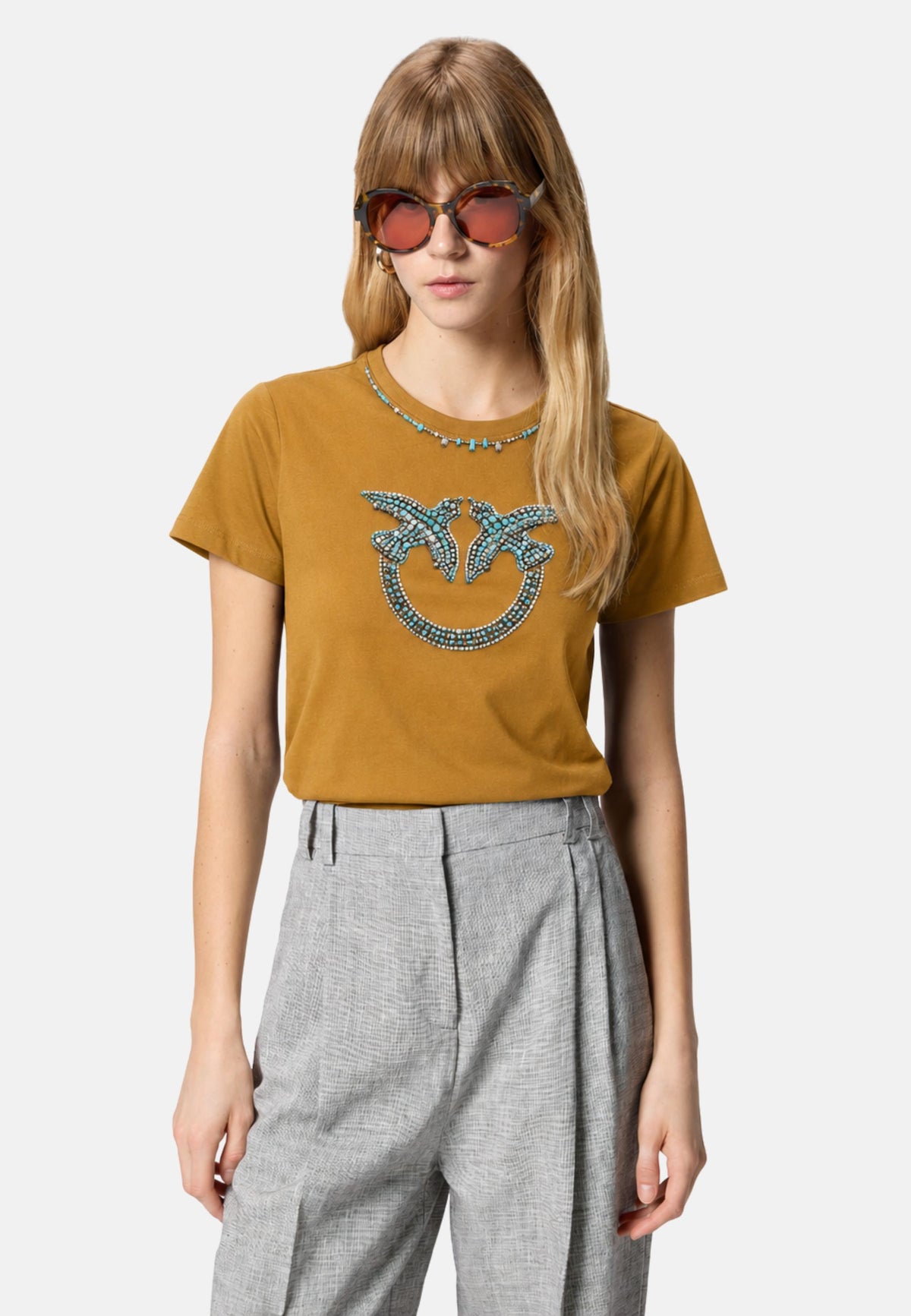 FIDENZA T-SHIRT JERSEY LOGO RICAMO BIRDS - MARRONE/AZZURRO