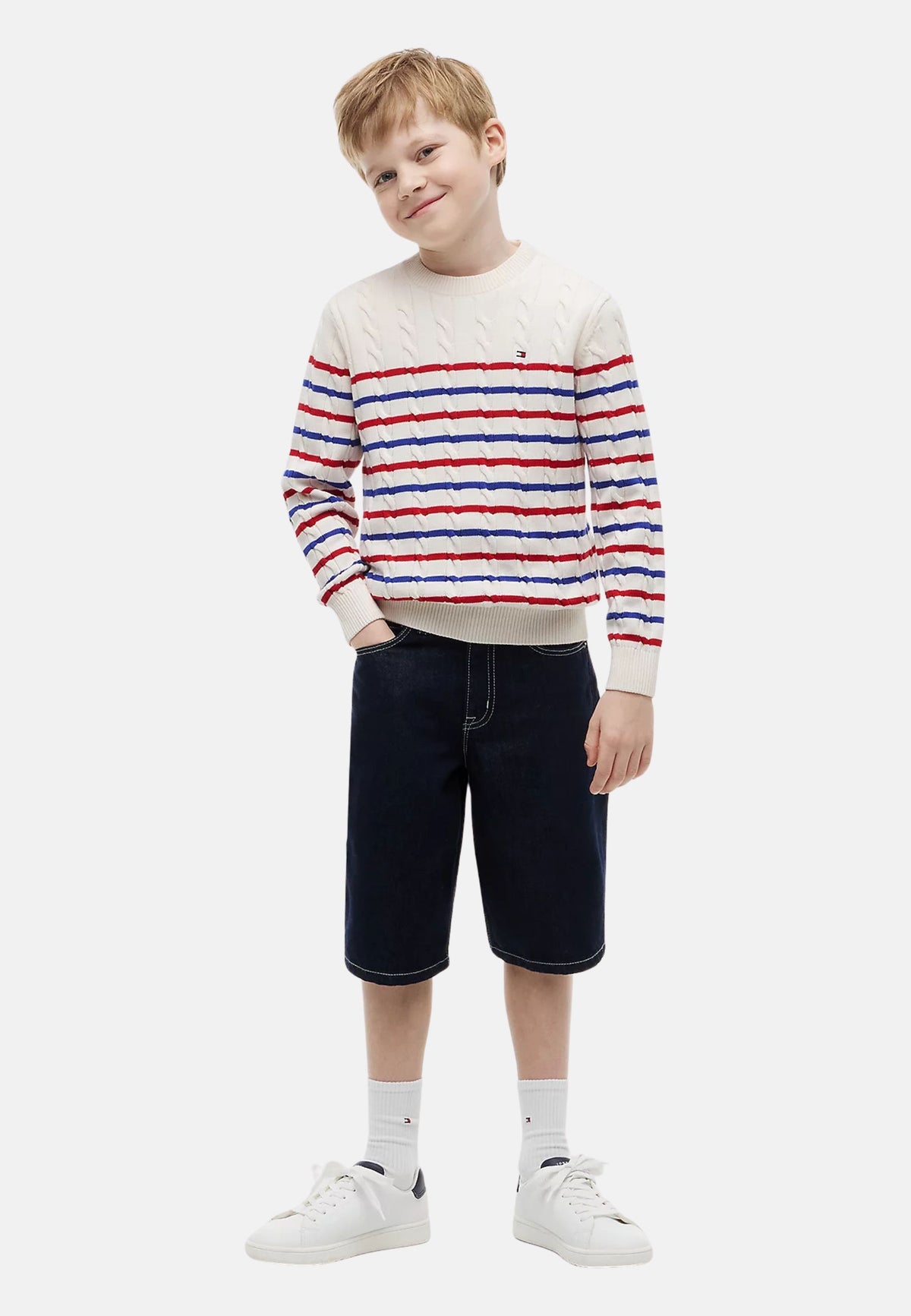 COTTON CABLE SWEATER - IVORY SILK STRITE