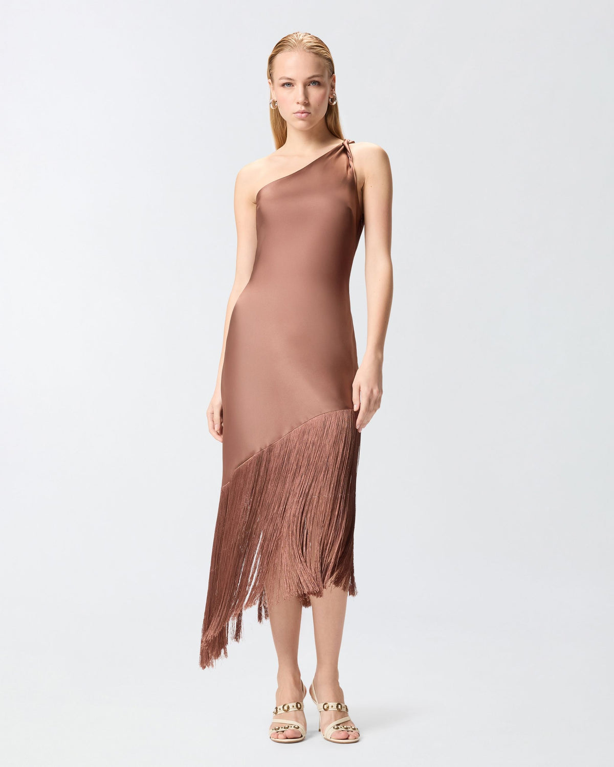 KIWI ABITO SATIN CON FRANGE - BROWN