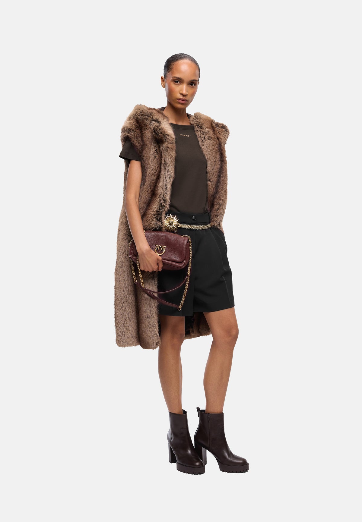 BASICO T-SHIRT JERSEY LOGO PINKO GOMMATO - BROWN