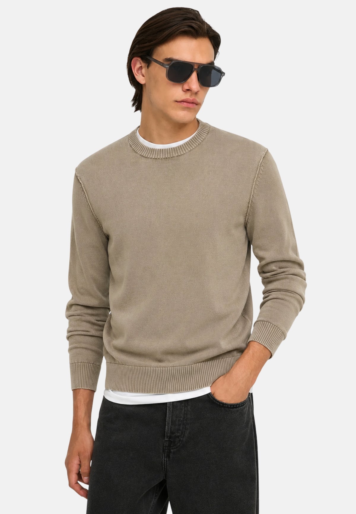 ONSGARSON LS REG WASH CREW KNIT VD - CHINCHILLA